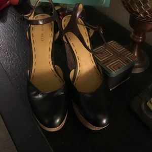 Nine West brown and black 4 inch wedge sandal.